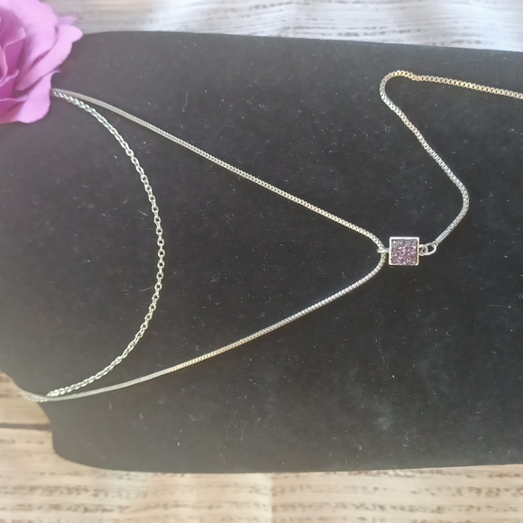 Double layered necklace. silvertone and druzzy style - Picture 2 of 4